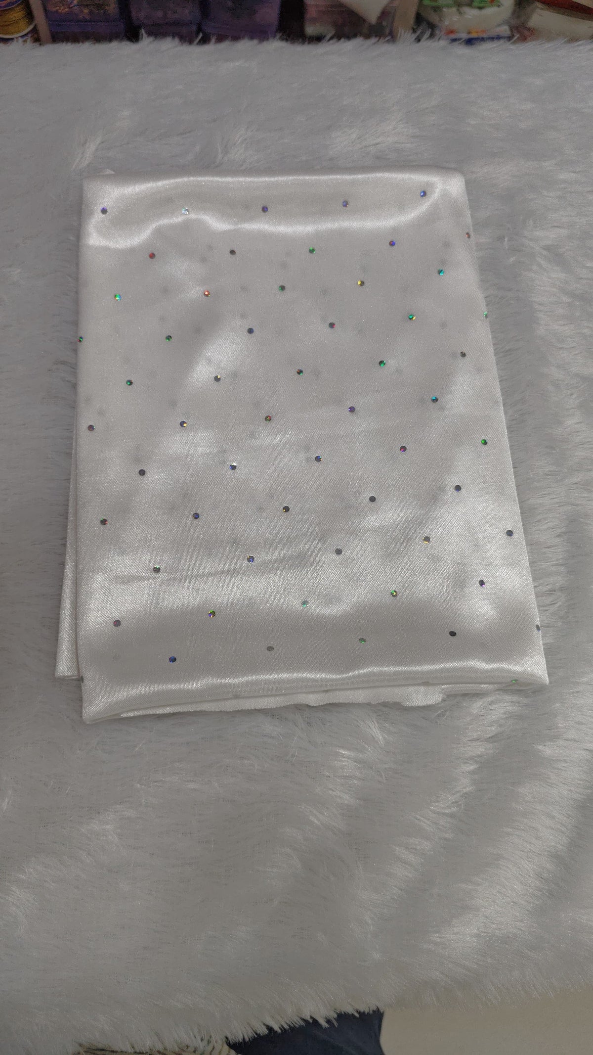 Lycra WHITE-MULTICOLOR Sequence Cloth – Ganpati Decoration Fabric (1 Mtr)